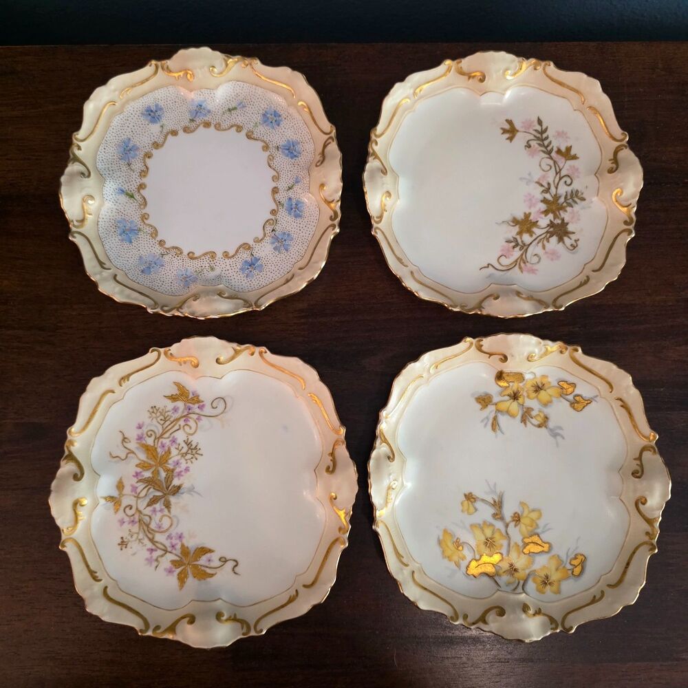 A.L. Limoges 6.5" Gold Trim Hand Painted Scalloped Bread &Butter Plates Set Of 4